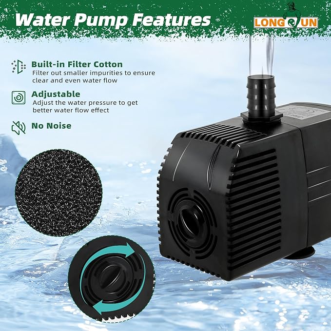 Longrun Pond Waterfall Box with Pump Kit, 304 Stainless Steel Pond Spillway with 396 GPH 1500L/H Pump for Ponds, Pond Spillway Color-Changing LED Light Strip for Garden Waterfall (9.06")