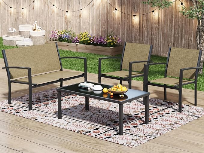 Greesum 4 Pieces Patio Furniture Set, Outdoor Conversation Sets for Patio, Lawn, Garden, Poolside with A Glass Coffee Table, Beige