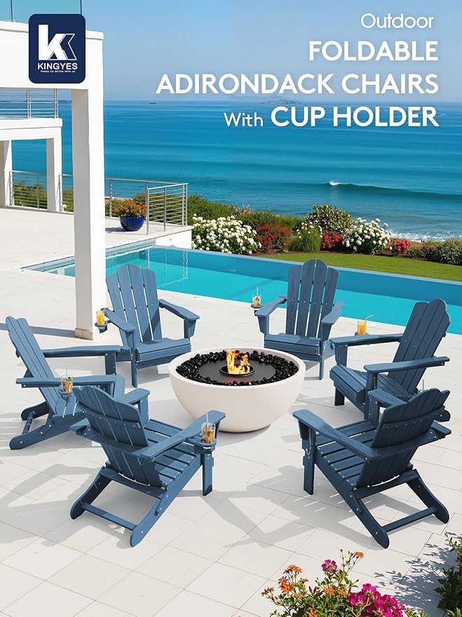 KINGYES Folding Adirondack Chair, HDPE All-Weather Patio Chairs with Cup Holder, Wooden Textured Fire Pit Chairs for Poolside, Backyard, Deck, Navy