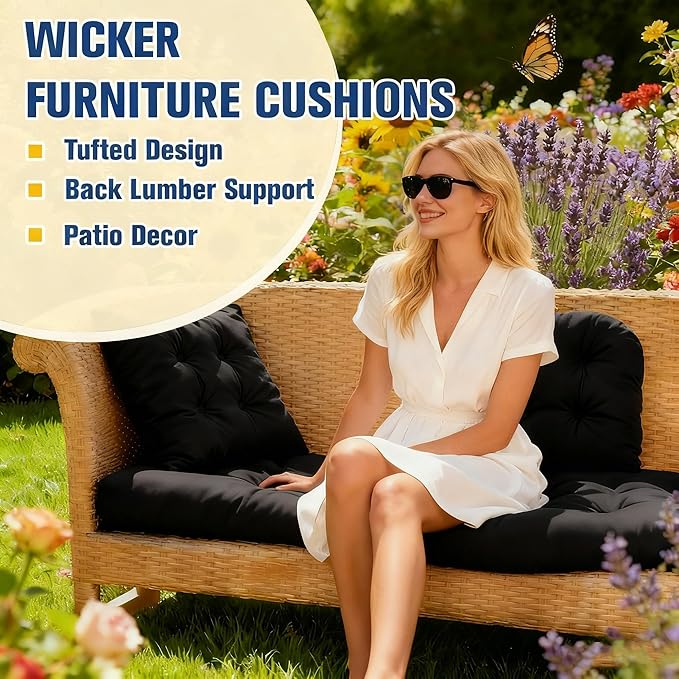 Patio Furniture Cushions Outdoor, Waterproof Wicker Chair Cushions Set of 3, 1 Loveseat & 2 Seat Pads, Thick Outdoor Replacement Cushions for Porch Lawn Bench Couch Sofa Swing, Black