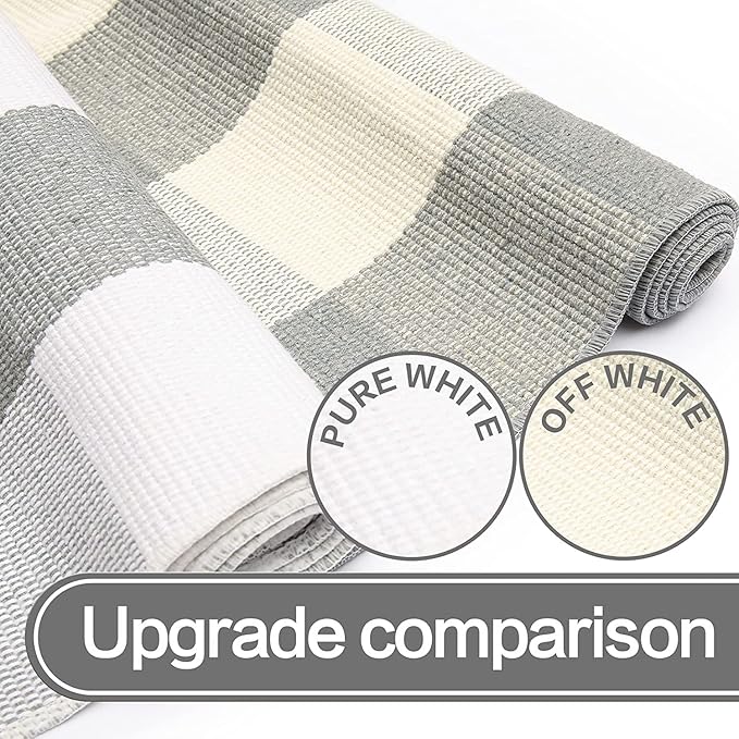 SEEKSEE Cotton Buffalo Plaid Rug 3'x5' Gray and White Checked Rug Washable Doormats Indoor Outdoor Rugs for Layered Front Door Mats, Porch, Kitchen, Farmhouse, Entryway