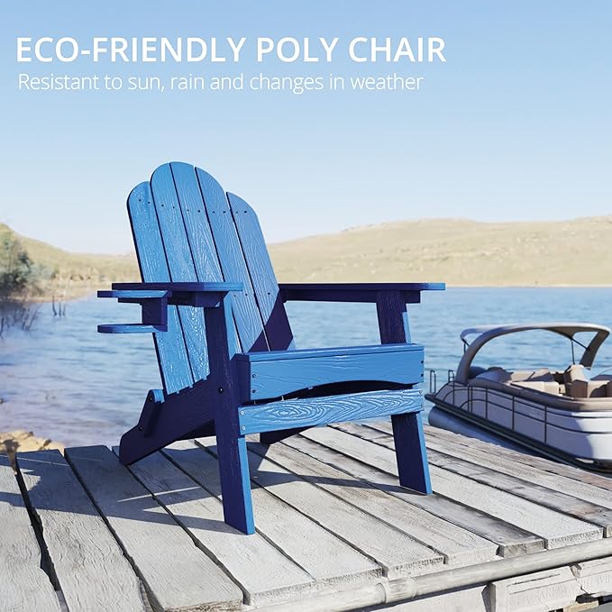 LUE BONA Folding Adirondack Chair Set of 4, Navy Blue HDPS Weather Resistant Outdoor Chair with Cup Holder for Beach House Patio Fire Pit