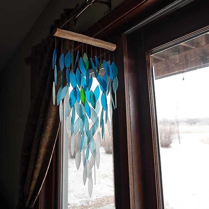 Blue Handworks Deluxe Ocean Ombre Waterfall & Driftwood Chime, Sandblasted Glass and Found Wood Handcrafted Wind Chime