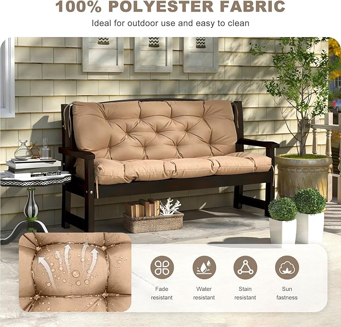 Porch Swing Cushion with Backrest, Waterproof Bench Cushion for Outdoor Furniture, 2-3 Seater Replacement Thickened Swing Cushion with Ties, Patio Outdoor Backyard and Garden (Khaki,40x40in)
