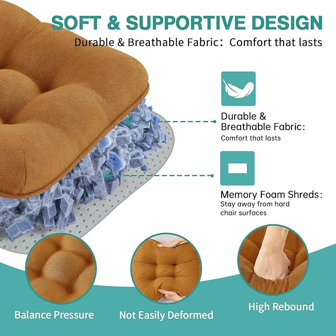 BETU Chair Cushions for Dining Chairs Set of 4,3.5" Thick Kitchen Table Chair Pads with Ties,Non Slip Backing and Covers, Seat Cushion for Dining Room,Bar,Patio Chairs,16"X16"X3.5",Caramel
