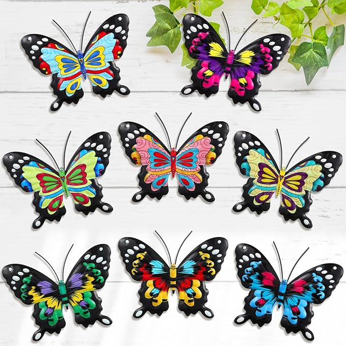 8 Pcs 3D Metal Butterfly Wall Decor 5. 12 x 6. 69 Inches Colorful Butterfly Hanging Wall Art for Garden Yard Living Room Bedroom Patio Balcony Outdoor Fence Decoration(Stylish Style)