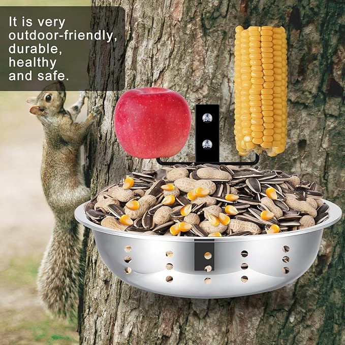 Metal Squirrel Feeders for Outside with Hanging Feeder (2-Rod), Squirrel House for Outdoor, Bowl Tree Mounted of Chipmunk Feeder, Food for Backyard Squirrels Hold Corn, Corn Cob, Peanuts (7.8Inch)