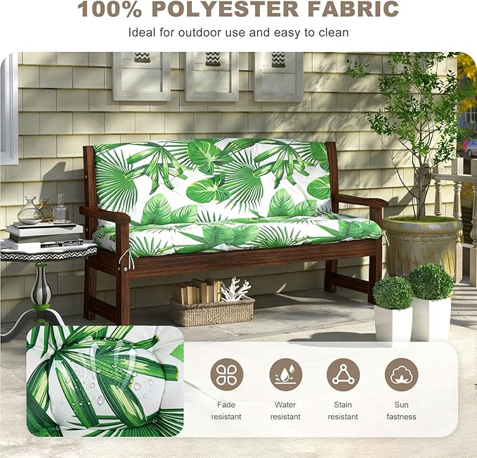 Porch Swing Cushion with Backrest,Waterproof Bench Cushion for Outdoor Furniture,2-3 Seater Replacement Thickened Swing Cushion with Ties,Patio,Outdoor,Backyard and Garden (Fresh Leafy,60x40")