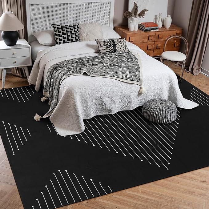 LIVEBOX Boho Black Area Rug 8 x 10 for Living Room, Bedroom Washable Moroccan Cotton Rugs, Large Carpet Thin Indoor Floor Rug for Dining Room, Home Office