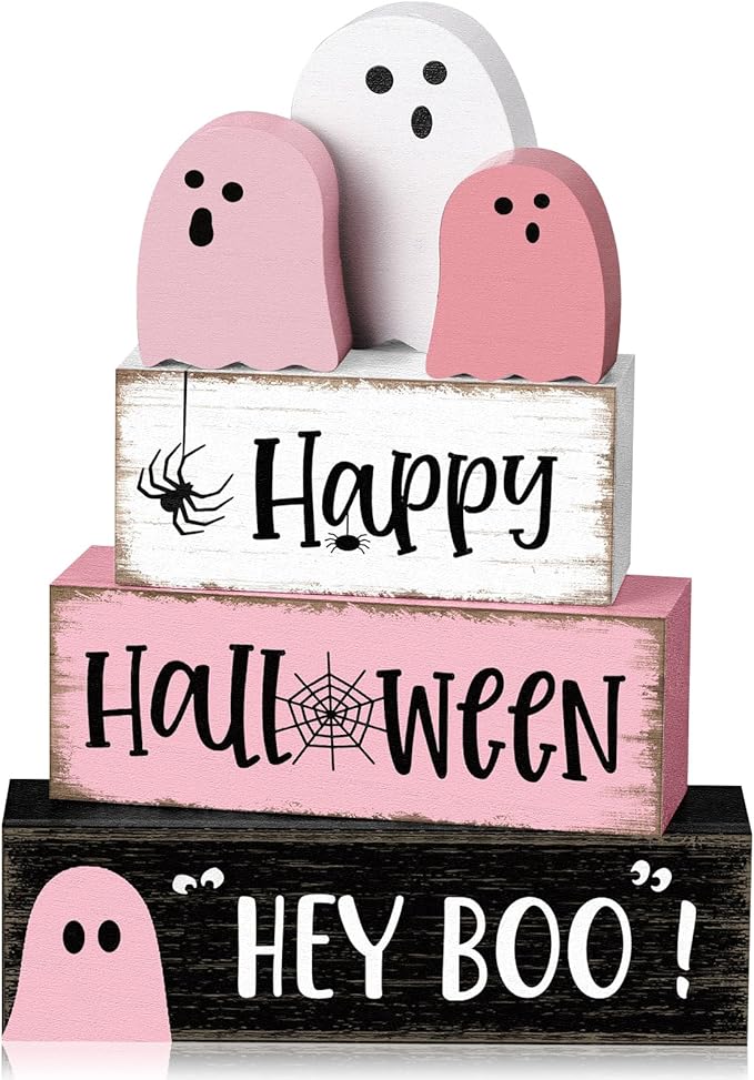 6 Pcs Pink Ghost Halloween Decorations Indoor Pastel Pink Ghost Table Decor Wooden Signs Cute Blocks Rustic Halloween Tiered Tray Decor for Home Office Desk Shelf Mantel