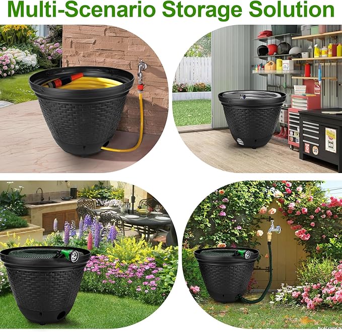 Riokko Garden Hose Holder Pot, Decorative Wicker Hose Holder, Water Hose Storage for Outside/Garage, Hose Box Fits 100-400 FT Hoses with 5 Drain Holes, Large Capacity & Assembly Required, Black
