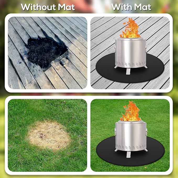 48'' Fire Pit Mat for Solo Stove Bonfire, Round Fireproof Under Grill Mat, Oil-Proof Waterproof BBQ Pad for Deck Patio Grass Outdoor Grill Accessories, Portable and Reusable, Glossy Black