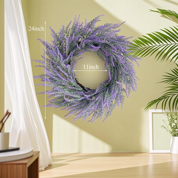 Lavender Summer Wreath for Front Door, 24 Inch Large Spring Summer Wreath Purple with Green Leaves for Grapevine Farmhouse Summer Wreaths Front Door Wall Window Party Decoration Home Décor