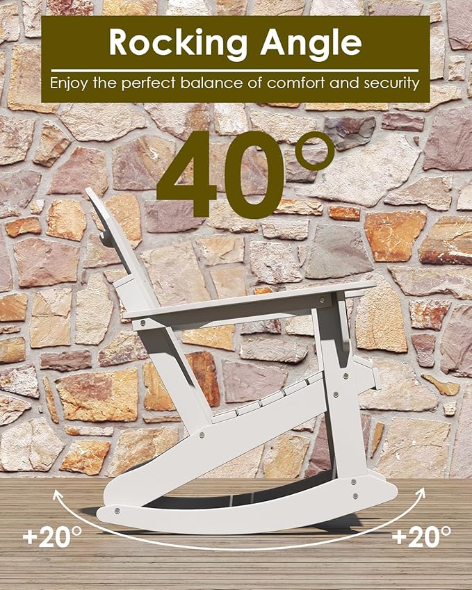 GREENVINES Adirondack Rocking Chair | HDPE Plastic | Porch Rocker | Chair for Outdoor Patio Deck | All Weather | White