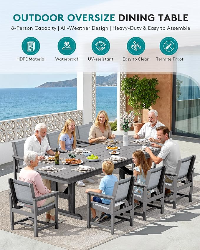 SERWALL 9 Piece Outdoor Dining Set, 84" HDPE Outdoor Table and Chairs for 8，All Weather Patio Furniture Set with Umbrella Hole for Backyard, Garden, Gray