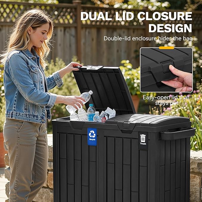 DWVO 76 Gallon Outdoor Trash Can, Dual-Compartment Resin Garbage Bin with Lid, Includes 2 Sorting Labels, Ash Holder, Stakes & Suction Cups, Hideaway Storage for Patio Backyard Garden, Black