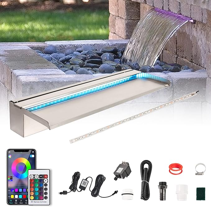 PONDO Pool Waterfall 24" APP with 16 Colors LED Lights, Stainless Steel Pond Fountain Set for Outdoor Decorations, Patio Waterfall Spillway Kit on The Wall for Garden, Easy Installation