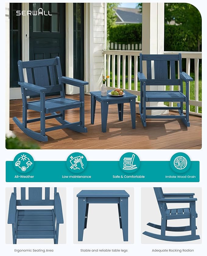 SERWALL Outdoor Rocking Chairs Set of 2 with Side Table, All-Weather HDPE 3 Piece Patio Furniture Set, Outdoor Bistro Set for for Porch Deck Lawn Balcony, Blue