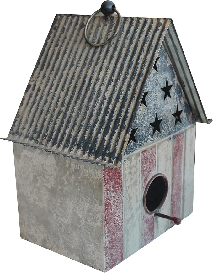 CVHOMEDECO. Rustic Vintage Metal Garden Birdhouse American Flag Design Single Roof Hanging Bird House for Outside
