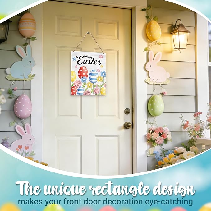 Easter Welcome Sign for Front Door, Happy Easter Door Sign Decor, Floral Egg Rectangle Wood Sign Hanger for Outdoor Farmhouse Garden Porch Home - C04