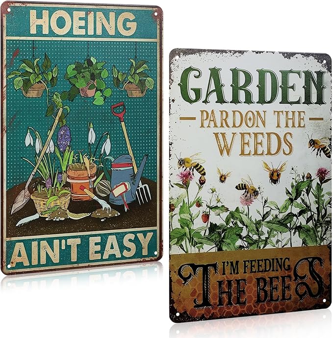 2 Pcs Funny Metal Tin Garden Sign 12'' x 8'' Gifts for Plant Lovers Women Grandma Mom Garden Decor Metal Tin Sign for Farmhouse Greenhouse Patio Yard Wall Decor Indoor Outdoor(Home, Bee)