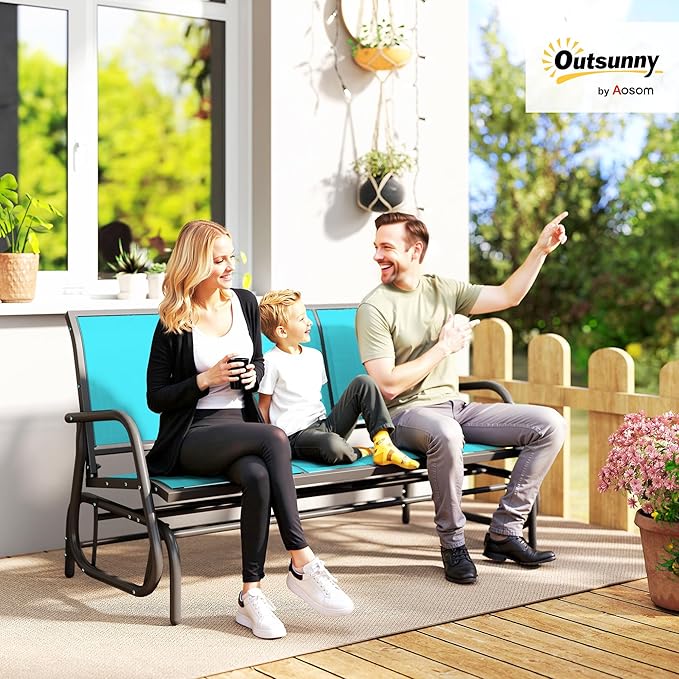 Outsunny 3-Person Patio Glider Bench, Outdoor Porch Glider Swing with 3 Seats, Breathable Mesh Fabric, Metal Frame, Blue