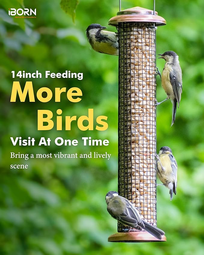 iBorn Metal Peanut Bird Feeders for Outdoors - 14" Peanut & Sunflower Seed Feeder, Hanging Metal Mesh Mixed Seed Bird Feeder with Easy-Clean Design for Woodpeckers, Jays, Titmice,Copper