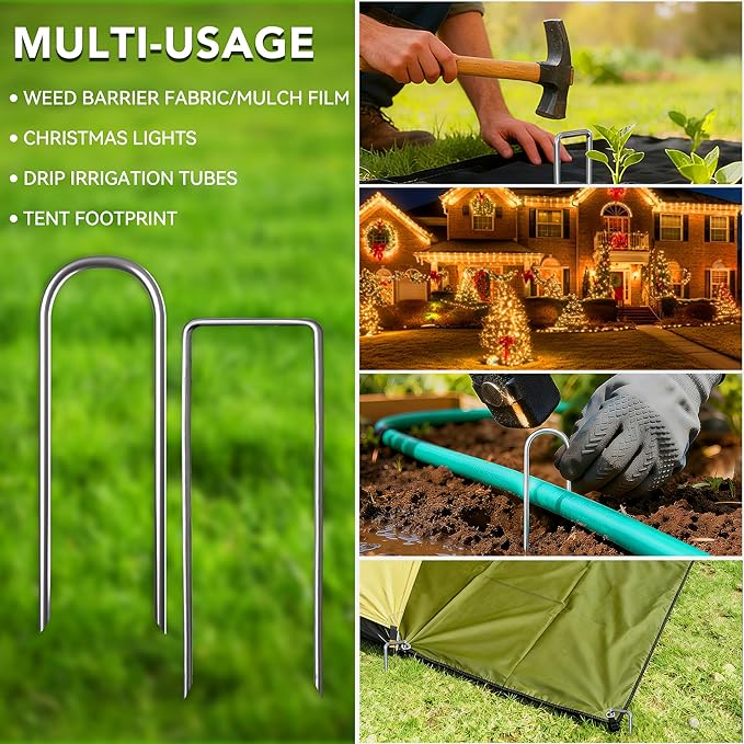 Landscape Staples 4 Inch, 40PCS Combo Kit – 20 U-Shaped & 20 Right Angle Galvanized Garden Stakes for Weed Barrier, Lawn & Garden Fixing