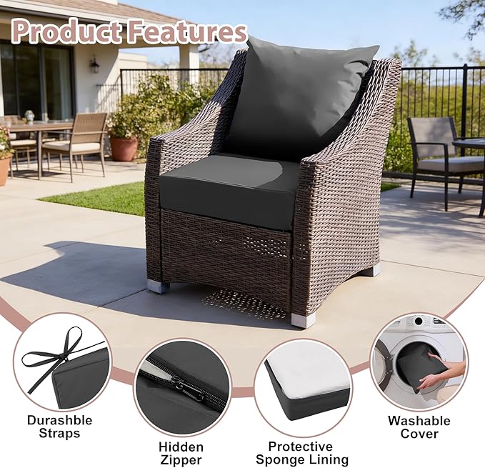 Outdoor Deep Seat Cushion Set, 24x24 Inch Water-Resistant & Fade-Resistant Outdoor Chair Cushions, Patio Furniture Cushions with Removable Cover for Patio Chair, Sofa, Dark Grey (Set of 6)