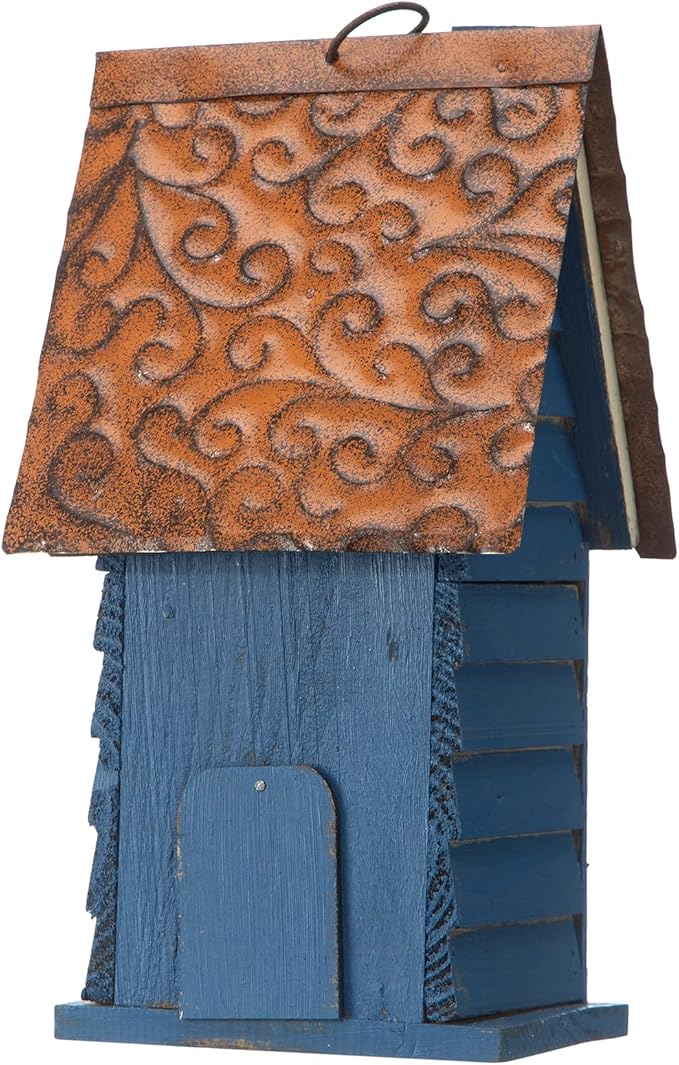 Glitzhome 12" H Hanging Birdhouse Retro Blue Distressed Wooden Cottage Garden Bird House for Outside