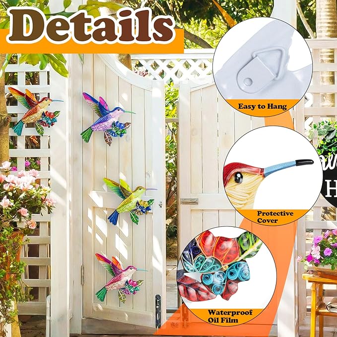 SUNREEK 4 Pack Metal Hummingbird Wall Art, Hanging Birds Outdoor Fence Decorations for Garden Patio Yard Living Room Door Balcony