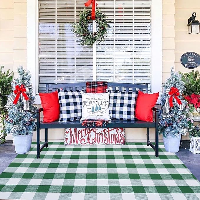CAINANEL Green and White Buffalo Plaid Outdoor Rug Spring Door Mat Layering Rug Welcome Doormats for Spring Easter Farmhouse Entrance Porch Outdoors Decor