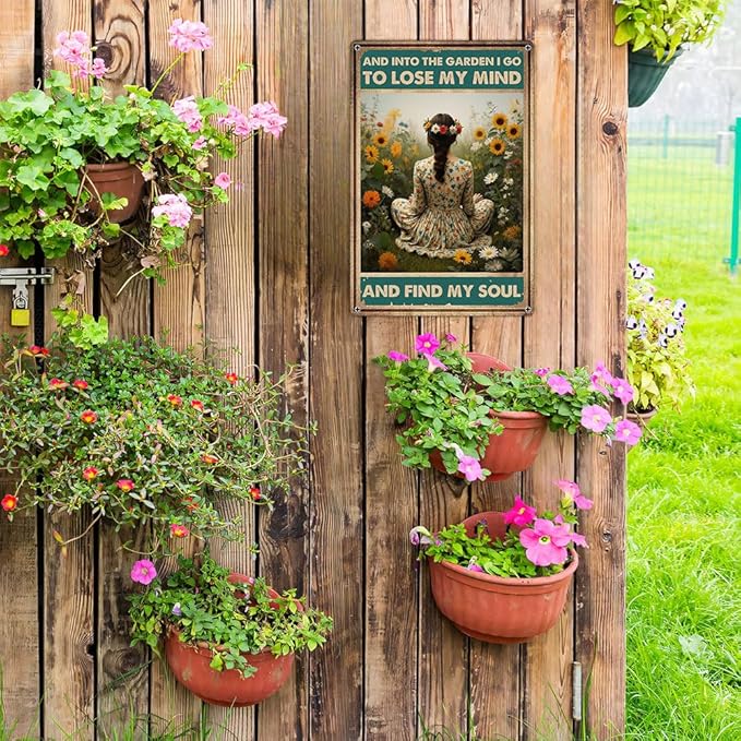 Funnysign Garden Gifts Vintage Metal Tin Sign – “And Into the Garden I Go to Lose My Mind and Find My Soul” Rustic Floral Wall Art for Home, Patio, Garden Décor – 8x12 Inches (9849)