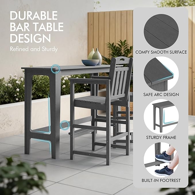 Ciokea 3 Pcs Outdoor Bar Height Table Set, 60" Extra Long Rectangle High Top Table and 2 Oversized Adirondack Chairs Set, Heavy-Duty All-Weather HDPE Patio Bar Set for Backyard Balcony Deck,Grey