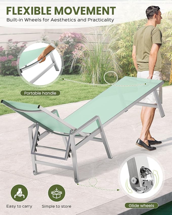 Patio Chaise Lounge Chair Outdoor with Wheels&Armrests, Aluminum Pool Lounge Chairs Set of 2 Five-Position Adjustable Recliner, Outdoor Beach Lounge Chairs for Poolside, Patio, Deck, Yard, Light Green