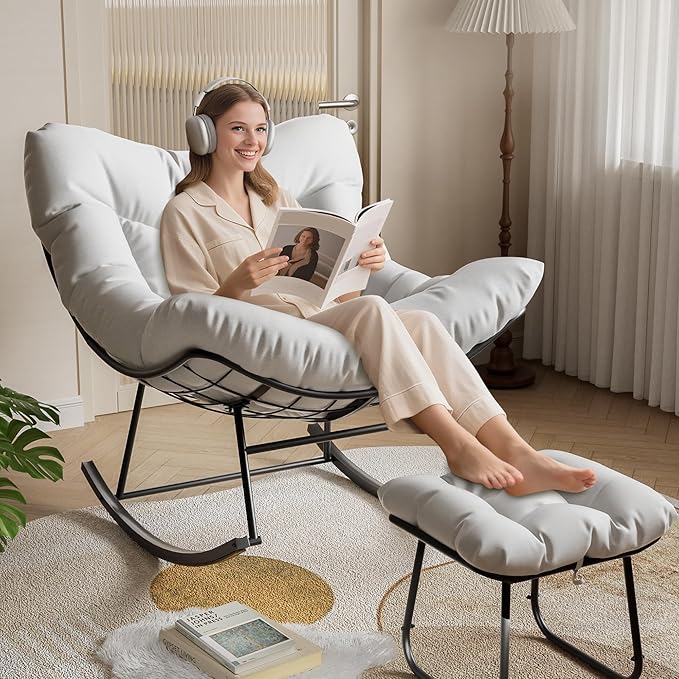 GarveeLife Outdoor Oversized Papasan Rocking Chair with Footrest, Patio Lounge Chair with Ottoman and Sturdy Metal Frame, Patio Rattan Egg Rocker for Balcony Backyard Porch Bedroom, White