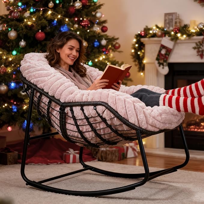 Outdoor Rocking Chair, Patio Wicker Egg Chair, Indoor Comfy Oversized Papasan Chair with Padded Cushion, Royal Rattan Rocker for Front Porch, Garden, Patio (Pink)