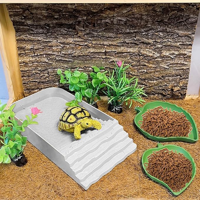 3 PCS Reptile Water Dish, Leaf Reptile Water Bowl, Amphibians Habitat Yellow Tortoise Water Dish with Climbing Ramp for Turtle, Gecko, Snake, Bearded Dragon, Lizard