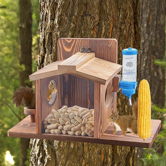 Squirrel Feeder for Outside, Squirrel Picnic Table Feeder for Corn Cob, Peanut and Nuts, Hanging Chipmunk House Box for Outdoors with Window and Squirrel Water Feeder
