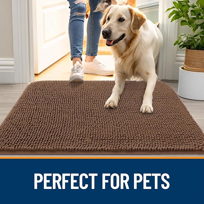 OLANLY Dog Door Mat for Muddy Paws 70x32, Absorbs Moisture and Dirt, Absorbent Non-Slip Washable Doormat, Quick Dry Chenille Mud Mat for Dogs, Entry Indoor Entryway Carpet for Inside Floor, Mocha