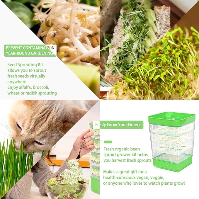4-Tier Seed Sprouting Kit with Drain Holes and Drain Tray, Upgrade Stackable Microgreens Fresh Organic Bean Seed Sprouter Tray Ripple Soil-Free Sprouter Tray for Beans Alfalfa Seeds