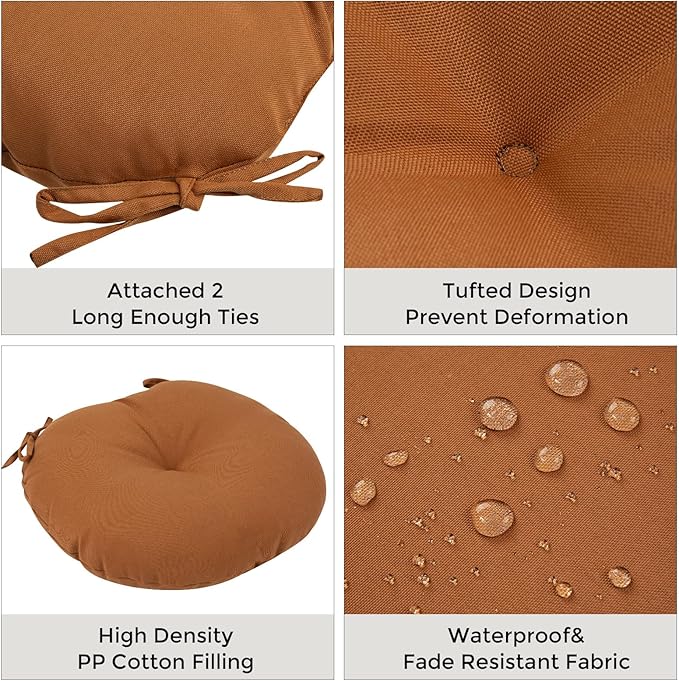 Bistro Chair Cushions 15 inch,Set of 2,Tufted Round Chair Cushions with Ties,15"x15"x4",Water Resistant Round Seat Cushion for Barstool Chairs,Patio Garden Kitchen Outdoor Furniture(Caramel Orange)
