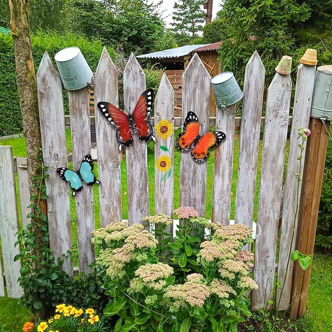 EASICUTI Metal Butterfly Wall Decor Butterfly Wall Art Hanging Sculpture for Indoor Outdoor Home Bathroom Living Room Bedroom Or Porch Patio Fence Orange Red Blue Set of 3