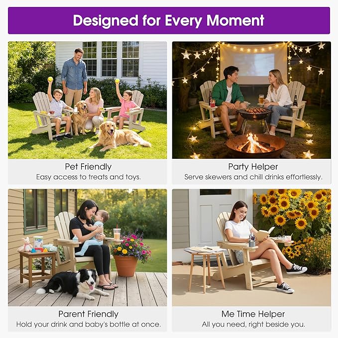 PURPLE LEAF Adirondack Chair Set of 4 HDPE All-Weather Outdoor Fire Pit Chair with 24.6" Oversized Seat Wood-Textured Patio Adirondack Chair with Dual Cup Holders for Garden Deck Backyard, Champagne