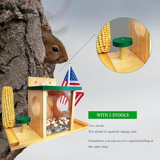 Squirrel Feeders for Outside, Wood Squirrel Picnic Table Feeder The Nut Bar with Corn Cob Holder, Wooden Squirrel Feeding Stations with Green Cover, Easy to Fill, Coated Waterproof