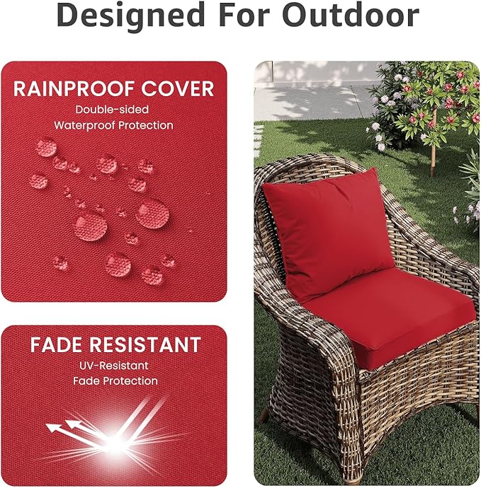 Outdoor Seat Cushion Set 22 x 24 x 4 Inch, Waterproof & Fade Resistant Patio Furniture Cushions with Removable Cover and Ties, Thick Deep Seating Pads for Outside Chair Sofa Couch, Red