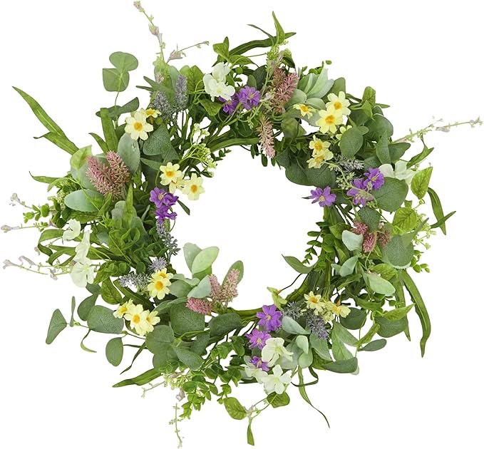 YNYLCHMX 18" Spring Summer Wreaths for Front Door, Artificial Floral Wreath with Multi-Colored Flower & Green Eucalyptus Leaves, Green Foliage Wreath for Wall Window Farmhouse Party Holiday Home Decor