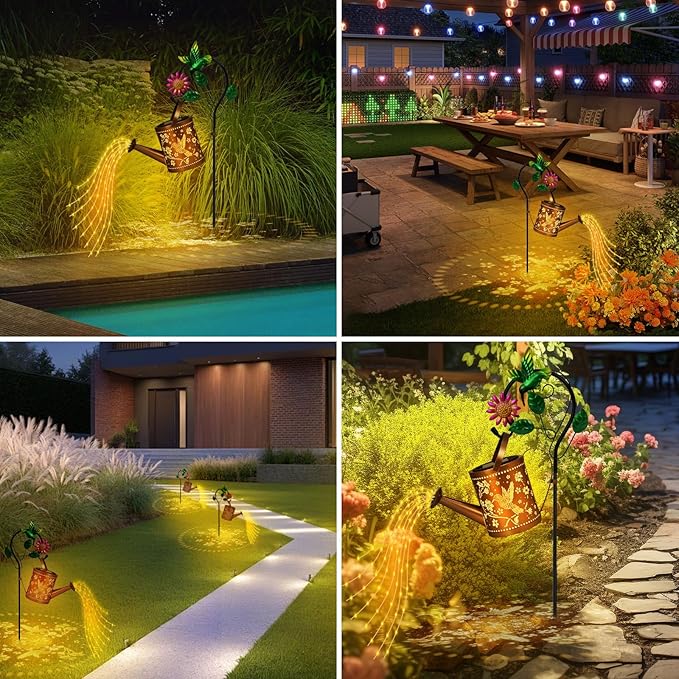 Gifts for Women Mom, Outdoor Hanging Solar Lantern Waterproof Metal Openwork Hummingbird Watering Can Landscape Lights with Shepherd Hook for Porch Lawn Driveway Backyard Pathway