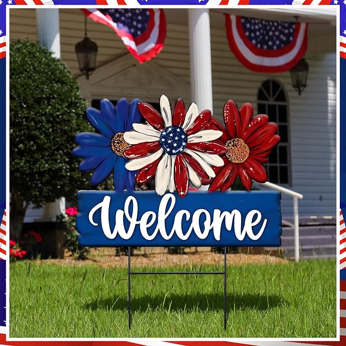 Amyhill 1 Pcs Patriotic 4th of July Outdoor Decor Daisy Metal Garden Stakes Memorial Day Welcome Yard Signs Decorations Garden Stakes for 250th Anniversary Patio Lawn Walkway Outside