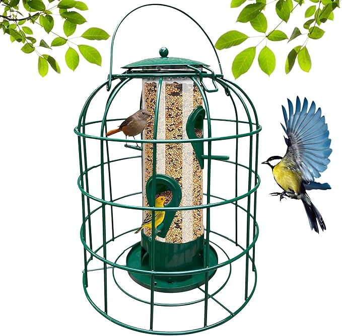 Garden Guru Squirrel Proof Bird Feeder – Outdoor Caged Tube Hanging Bird Feeder with 4 Perches for Small Wild Birds – Premium Coated Steel & Metal Seed Guard - Chew Proof, Weather Resistant